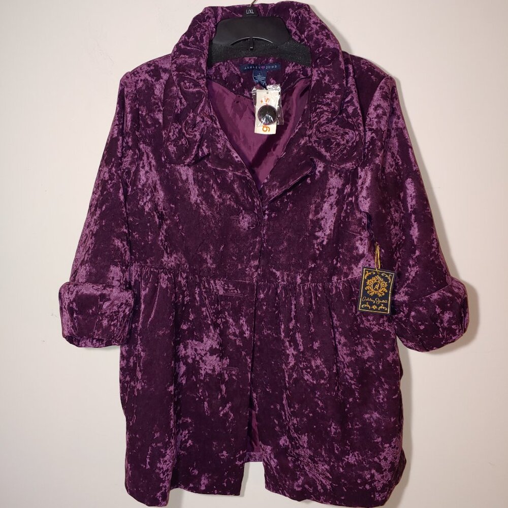 NWT Ashley Judd Berry Purple Crushed Velvet 3/4 Balloon Sleeves Jacket Sz L